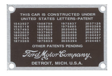 Load image into Gallery viewer, Patent Data Plate; 1937-39
