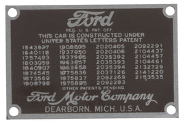 Patent Data Plate; 1940-48 Car, 1940-47 Pickup