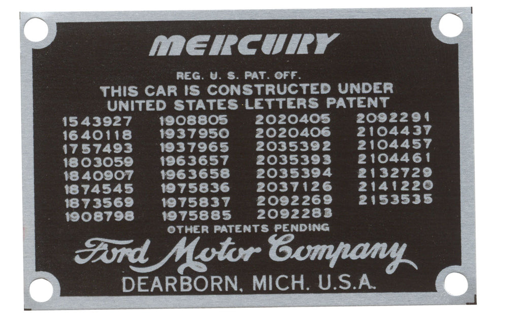 Patent Data Plate; 1939-48 Mercury